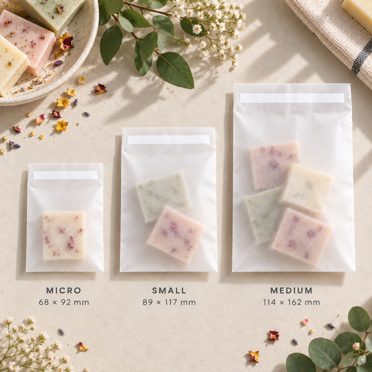 Three translucent white resealable glassine bags labeled MICRO, SMALL, and MEDIUM are arranged on a light beige surface with decorative flowers, leaves, and dried petals. Each pouch contains several square soap bars with visible pink and green botanical inclusions.