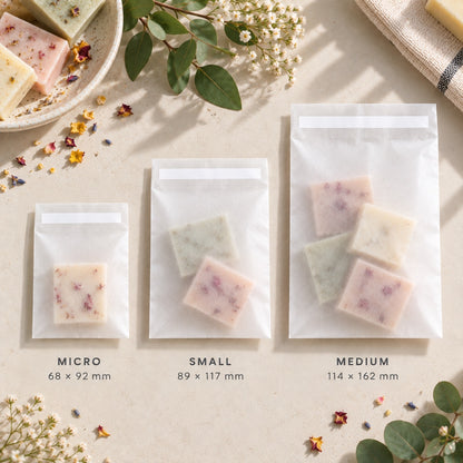 Three translucent white resealable glassine bags labeled MICRO, SMALL, and MEDIUM are arranged on a light beige surface with decorative flowers, leaves, and dried petals. Each pouch contains several square soap bars with visible pink and green botanical inclusions.