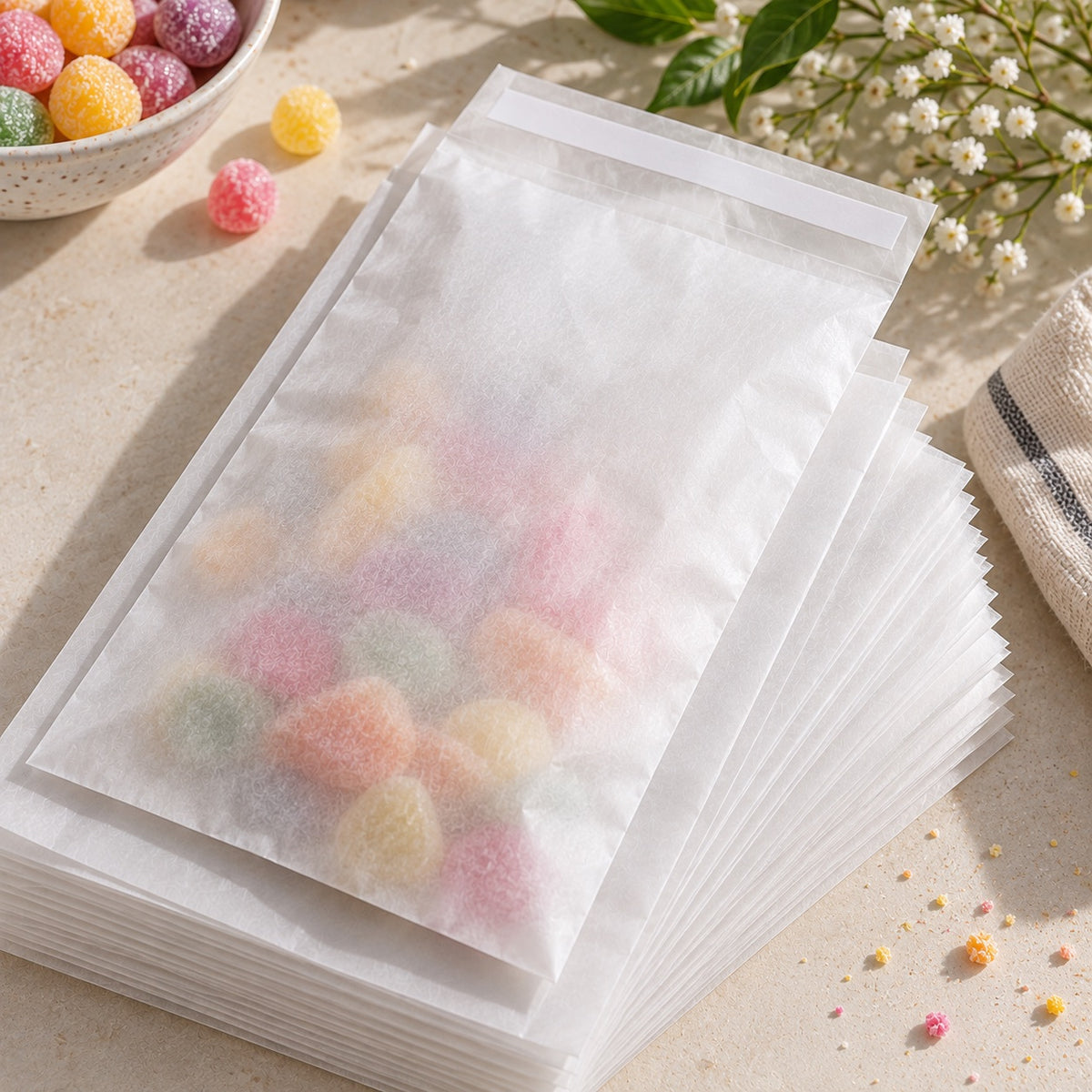 glassine bags filled with colourful candy pieces, photographed on a light beige surface with small decorative props including a bowl of round candies, white flowers, and a woven cloth.