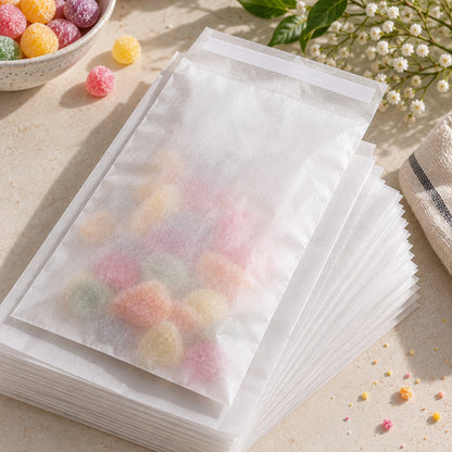 glassine bags filled with colourful candy pieces, photographed on a light beige surface with small decorative props including a bowl of round candies, white flowers, and a woven cloth.