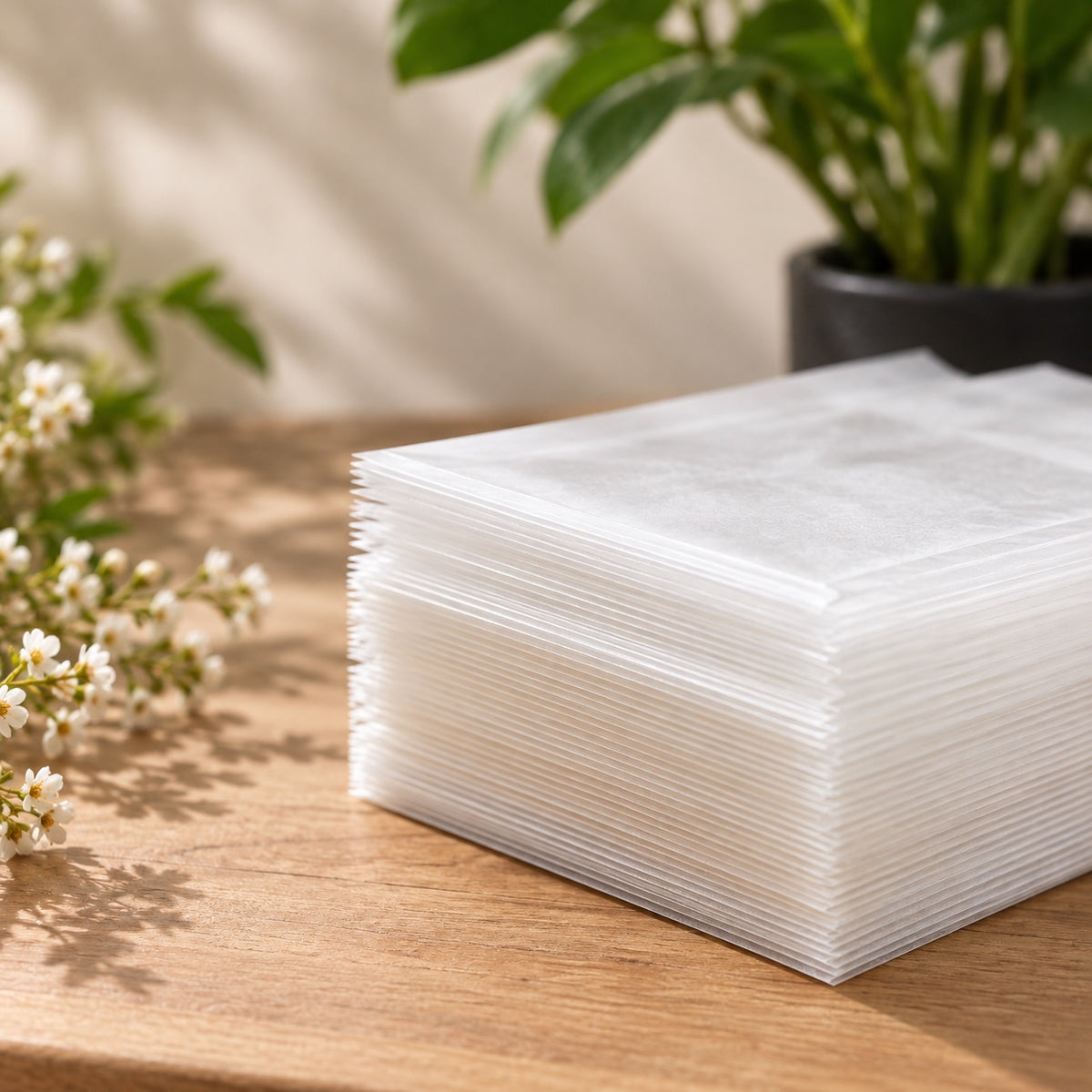 A stack of translucent white glassine envelopes arranged on a wooden tabletop, with soft shadows and a potted plant in the background.