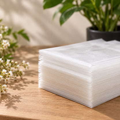 A stack of translucent white glassine envelopes arranged on a wooden tabletop, with soft shadows and a potted plant in the background.