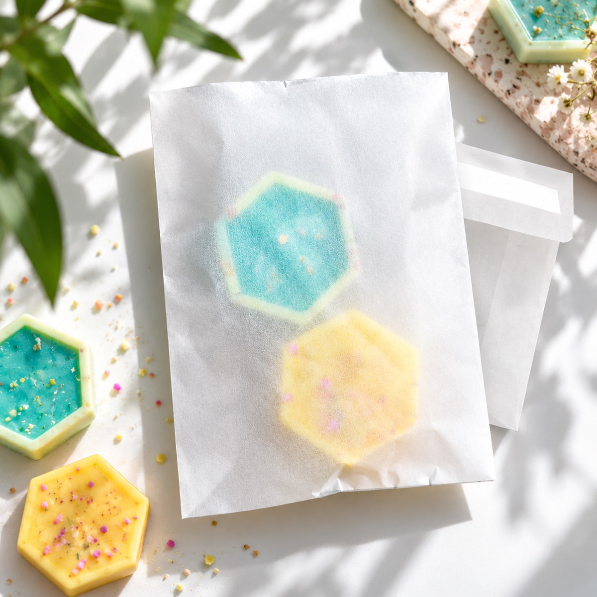 Two hexagonal bath salts in pastel blue and yellow, wrapped in white glassine envelopes displayed on a white surface with soft leaf shadows. More of the colorful hexagonal salts are visible in the corners of the frame.