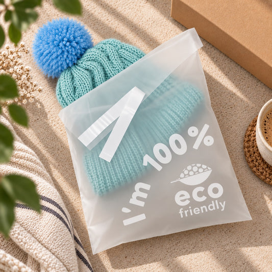 A translucent compostable plastic bag printed with 'i'm 100% eco friendly' and a small leaf icon, containing a knitted beanie with a blue pom-pom. The scene is styled on a beige surface with a brown box, a cup of coffee, and green leaves.