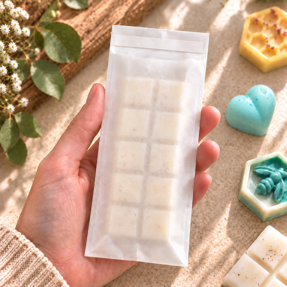A hand holds a translucent glassine bag containing four small square cream-coloured bars, photographed on a warm beige textured surface with decorative soap-like objects and greenery around it.