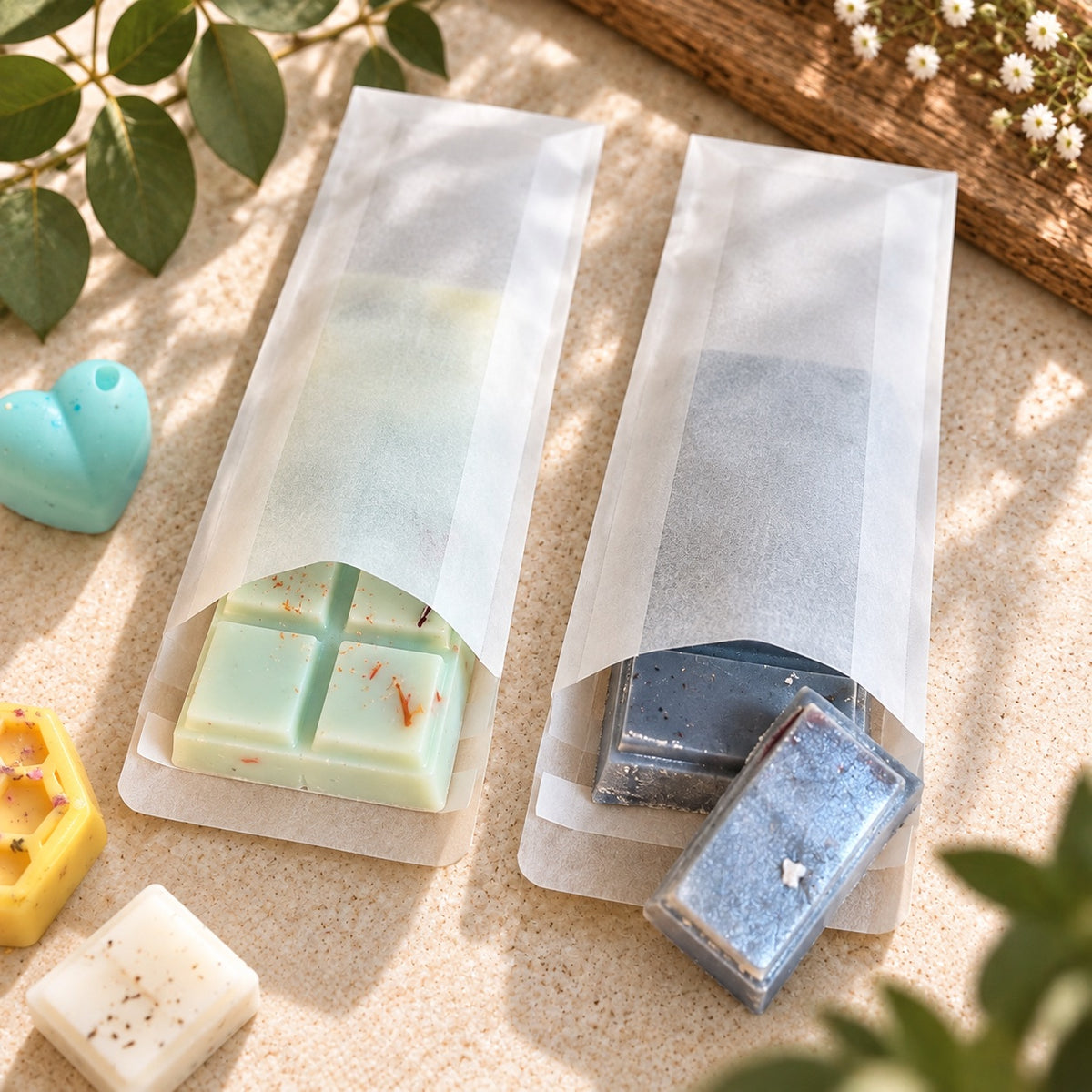 Two translucent wax melt envelopes on a textured beige surface, one containing pale mint green wax melts and the other containing a slate blue wax melt, styled with small decorative wax melts and green leaves.