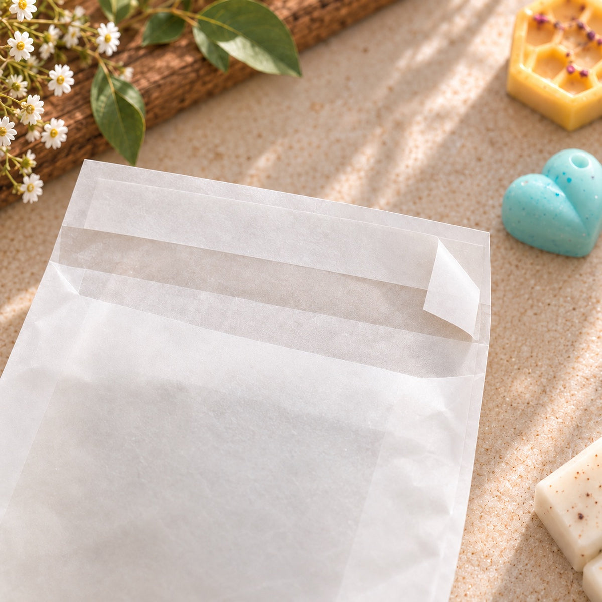 A translucent white wax paper envelope bag with a sealed flap, displayed on a textured beige surface with decorative soap bars, small white flowers, and a wooden branch.