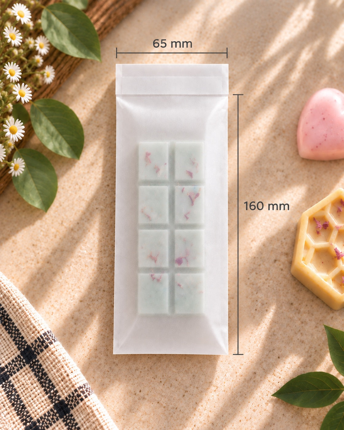 A frosted translucent glassine bag containing a pale mint-green wax melt bar with pink flower inclusions, shown on a beige textured surface with decorative flowers, leaves, and dimension lines indicating 65 mm width and 160 mm height.