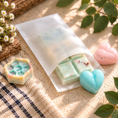 A styled product shot showing a translucent white glassine envelope containing pale mint soap bars, with two heart-shaped soaps in light blue and pink placed beside it on a woven beige textile. Small daisies, green leaves, and natural sunlight create a soft, rustic setting.