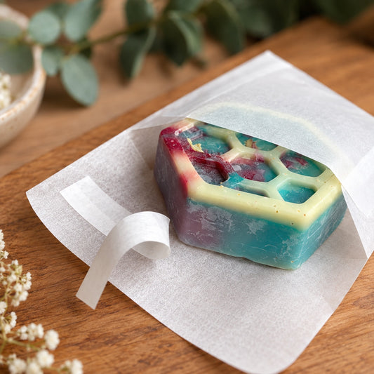 A handmade honeycomb soap bar in shades of teal, purple, and cream, wrapped in a clear wax melt sleeve and placed on a glassine paper envelope on a wooden surface.