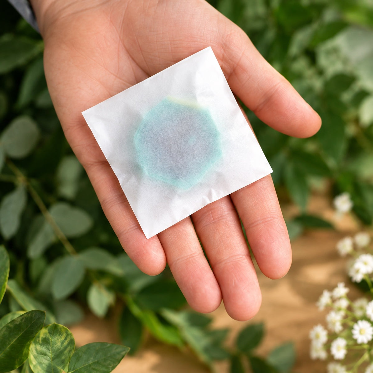 A hand holding a small white square glassine bag with a translucent aqua-blue circular centre, photographed against a blurred background of green leaves and small white flowers.