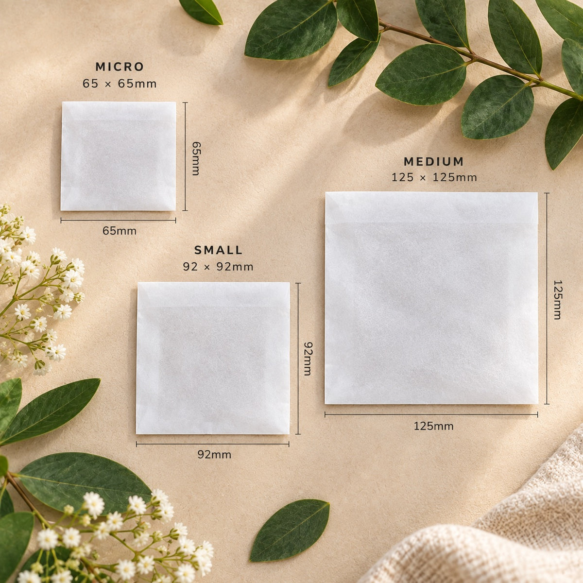 Three square white glassine paper bags labeled MICRO, SMALL, and MEDIUM with dimensions shown in millimetres, arranged on a beige textured surface with green leaves and small white flowers as styling props.