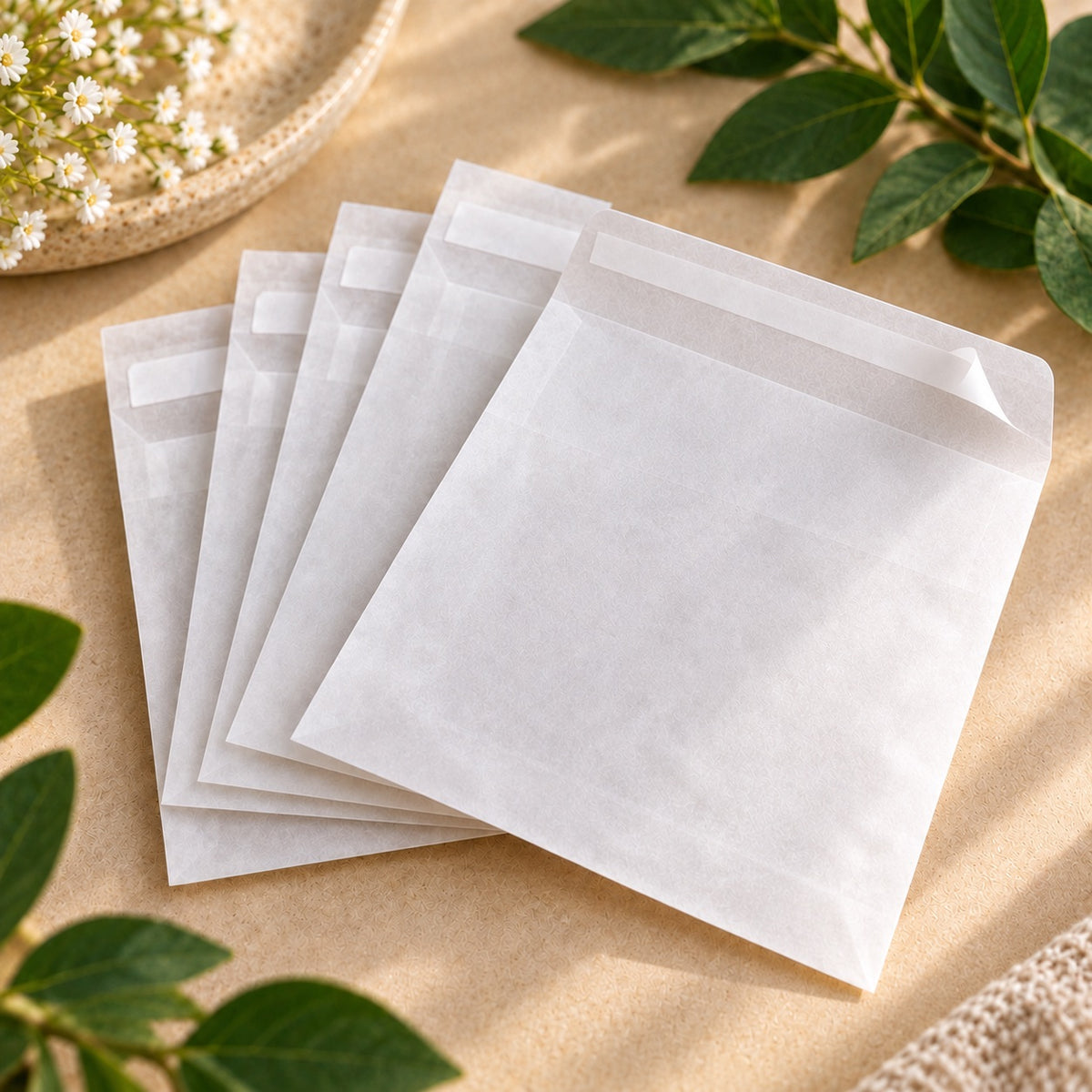 A stack of translucent white glassine paper envelopes or mailers laid on a beige surface with decorative green leaves and small white flowers in the corners.