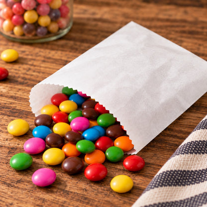 A white paper candy bag lying on a wooden table, spilling out colorful round candies. A small glass jar of more candies sits in the background, and a striped fabric napkin is partially visible in the lower right corner.