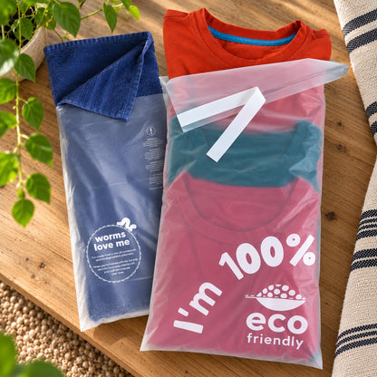 Two translucent compostable plastic garment bags containing folded shirts, displayed on a wooden surface with decorative leaves and a striped textile nearby. One bag is blue and the other is clear with a red, teal, and pink shirt inside, featuring white text that reads 'I'm 100% eco friendly' and 'worms love me'.