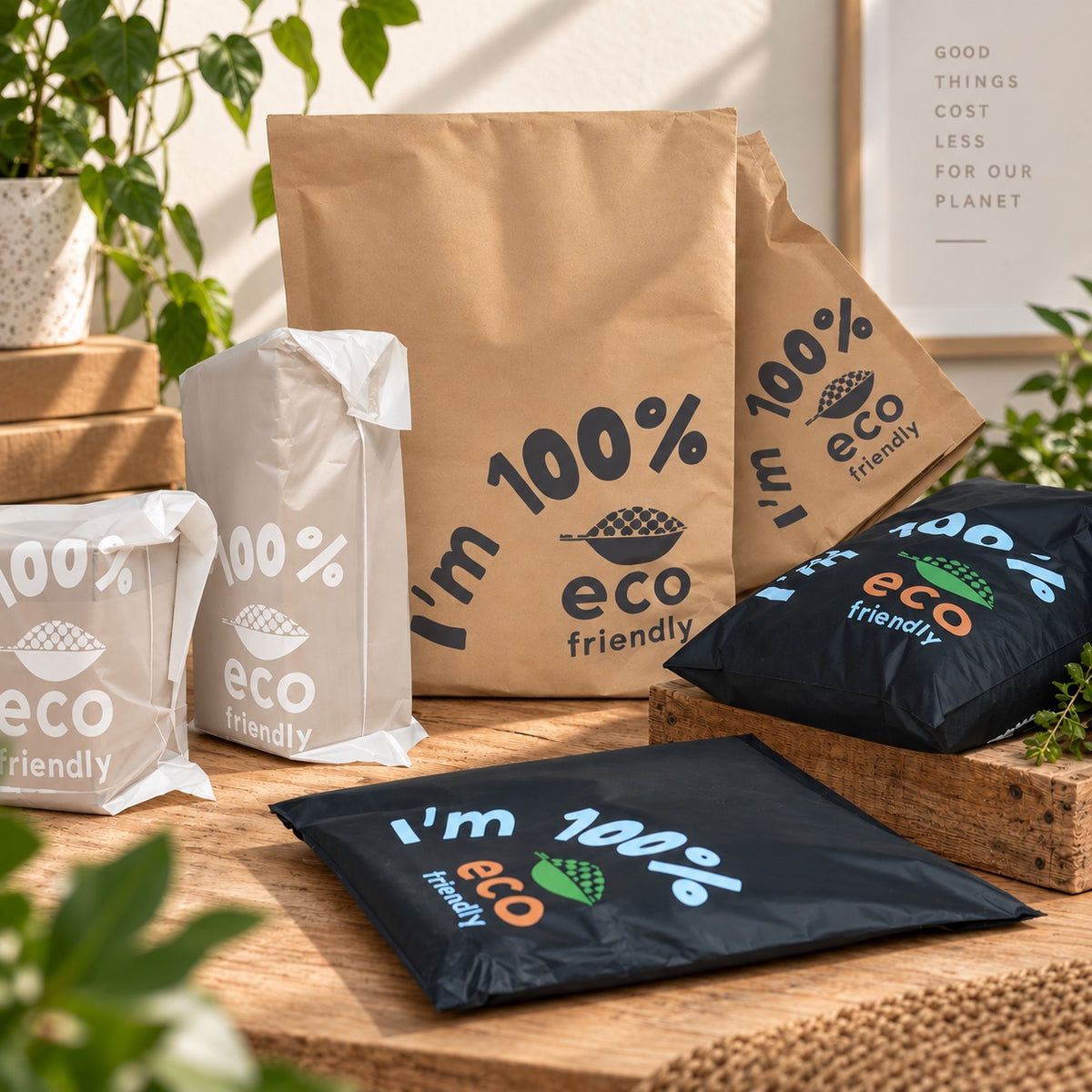 Eco-friendly paper mailers and compostable plastic pouches printed with 'I'm 100% eco friendly' and a small bowl graphic, arranged on a wooden table with plants in a bright, natural setting.